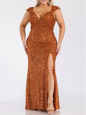Burnt Orange Sequin Sweetheart Metallic Formal Prom Evening Dress 18